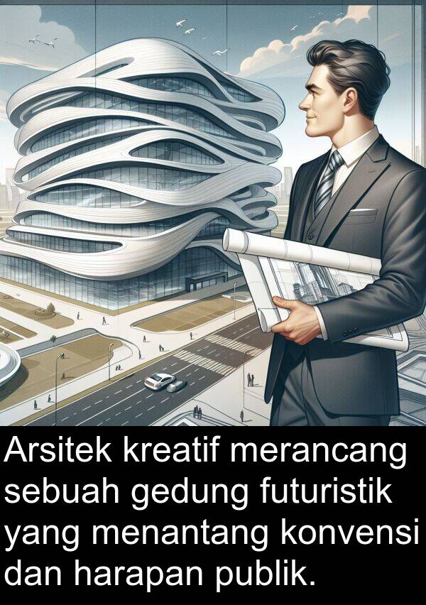 harapan: Arsitek kreatif merancang sebuah gedung futuristik yang menantang konvensi dan harapan publik.