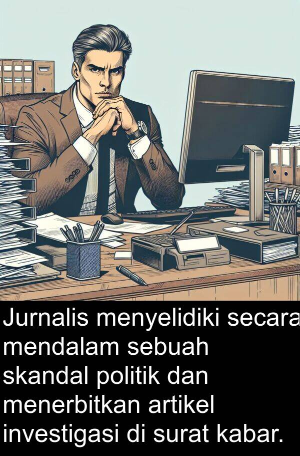 kabar: Jurnalis menyelidiki secara mendalam sebuah skandal politik dan menerbitkan artikel investigasi di surat kabar.