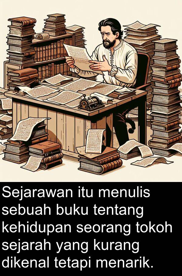 sejarah: Sejarawan itu menulis sebuah buku tentang kehidupan seorang tokoh sejarah yang kurang dikenal tetapi menarik.