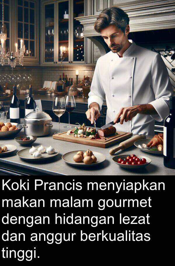 hidangan: Koki Prancis menyiapkan makan malam gourmet dengan hidangan lezat dan anggur berkualitas tinggi.