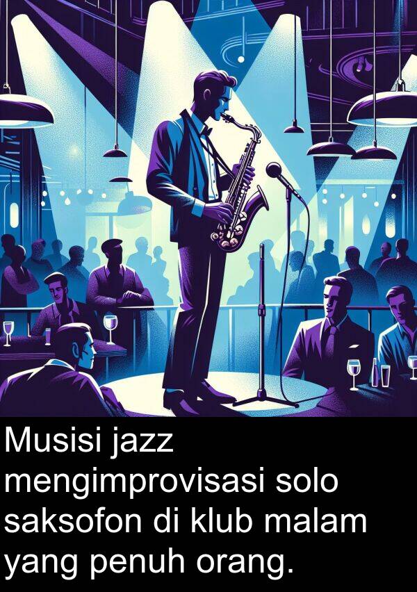 jazz: Musisi jazz mengimprovisasi solo saksofon di klub malam yang penuh orang.