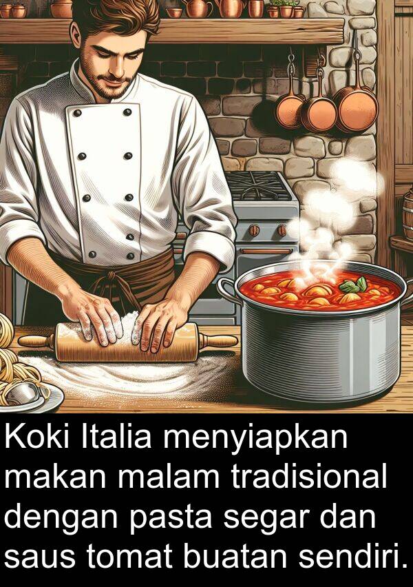 pasta: Koki Italia menyiapkan makan malam tradisional dengan pasta segar dan saus tomat buatan sendiri.