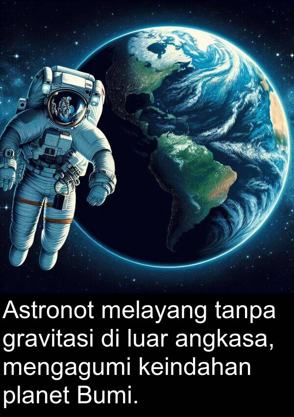 keindahan: Astronot melayang tanpa gravitasi di luar angkasa, mengagumi keindahan planet Bumi.