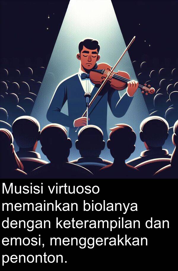 emosi: Musisi virtuoso memainkan biolanya dengan keterampilan dan emosi, menggerakkan penonton.