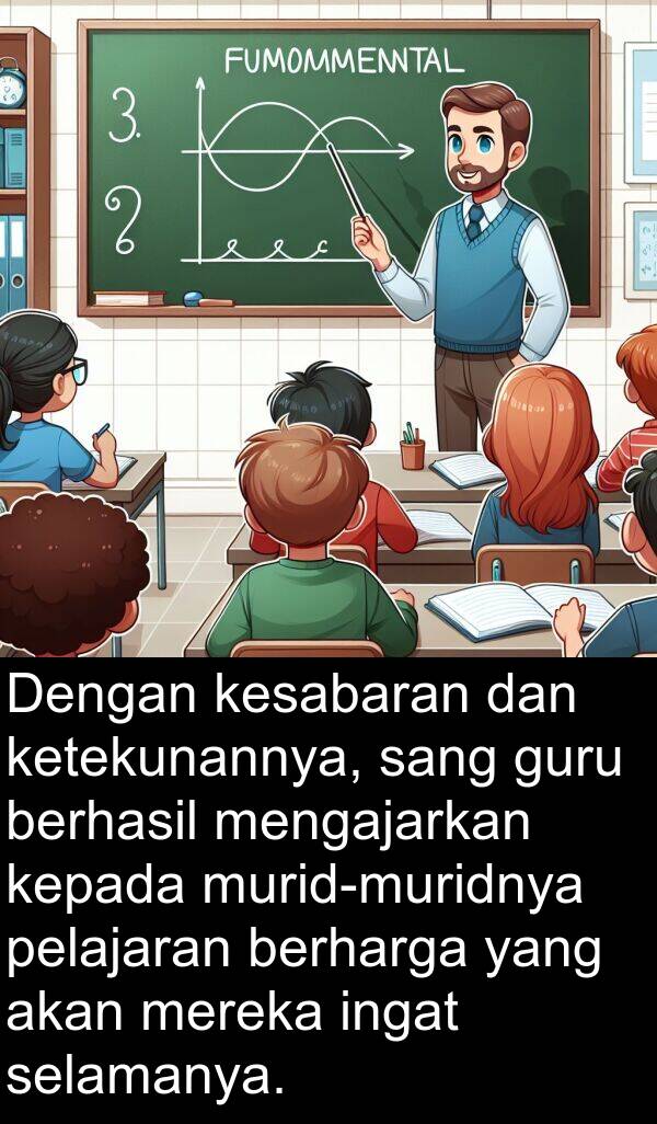 pelajaran: Dengan kesabaran dan ketekunannya, sang guru berhasil mengajarkan kepada murid-muridnya pelajaran berharga yang akan mereka ingat selamanya.