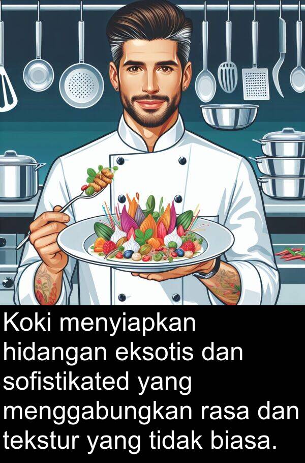 eksotis: Koki menyiapkan hidangan eksotis dan sofistikated yang menggabungkan rasa dan tekstur yang tidak biasa.