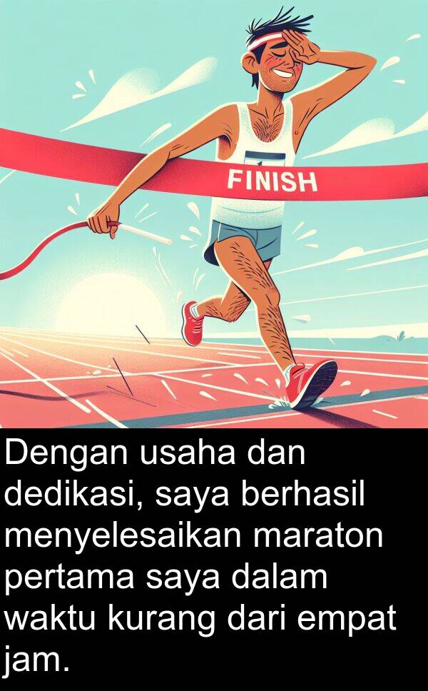 usaha: Dengan usaha dan dedikasi, saya berhasil menyelesaikan maraton pertama saya dalam waktu kurang dari empat jam.