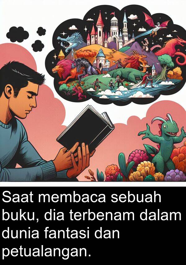 terbenam: Saat membaca sebuah buku, dia terbenam dalam dunia fantasi dan petualangan.