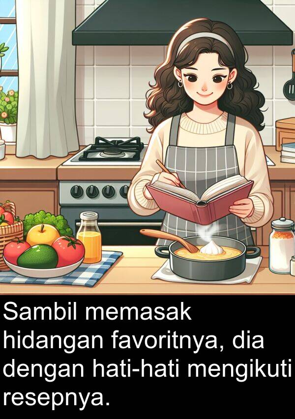 resepnya: Sambil memasak hidangan favoritnya, dia dengan hati-hati mengikuti resepnya.