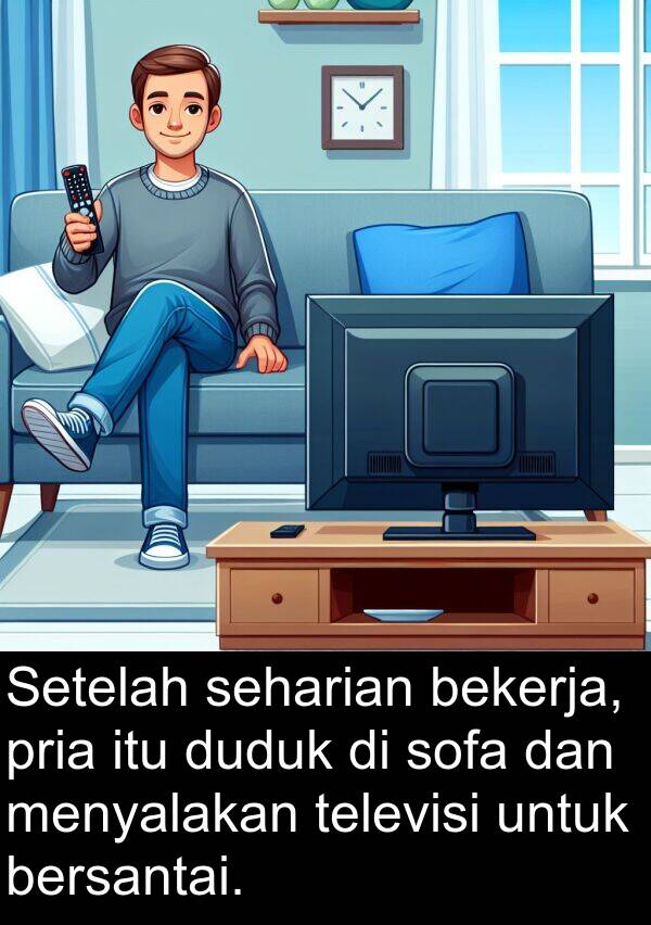 bekerja: Setelah seharian bekerja, pria itu duduk di sofa dan menyalakan televisi untuk bersantai.