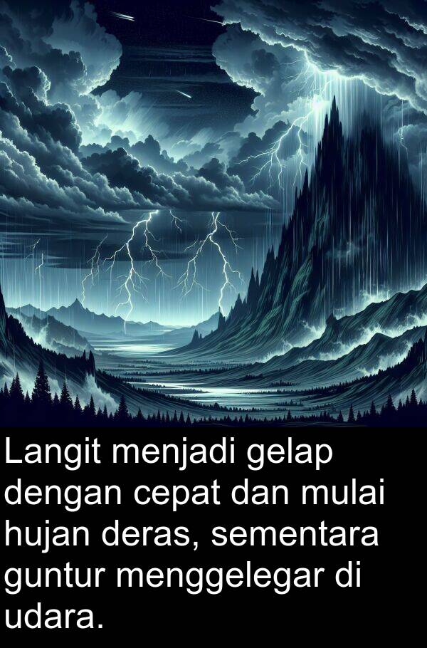 hujan: Langit menjadi gelap dengan cepat dan mulai hujan deras, sementara guntur menggelegar di udara.