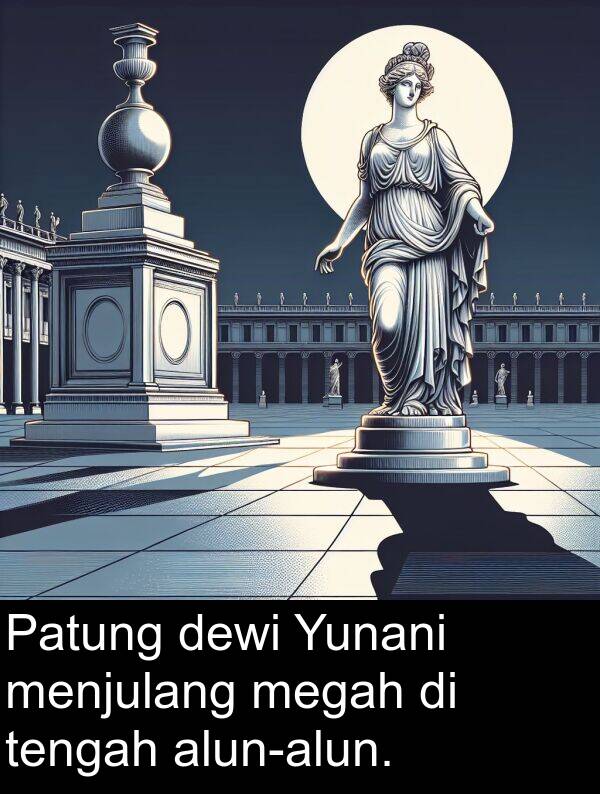 tengah: Patung dewi Yunani menjulang megah di tengah alun-alun.