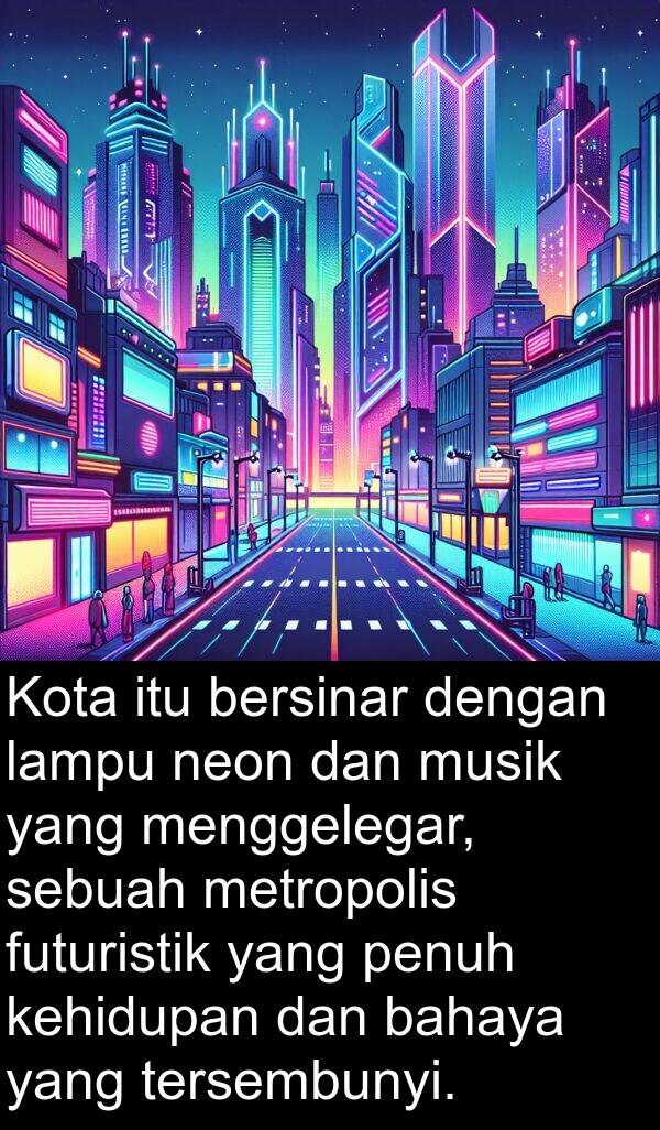 lampu: Kota itu bersinar dengan lampu neon dan musik yang menggelegar, sebuah metropolis futuristik yang penuh kehidupan dan bahaya yang tersembunyi.