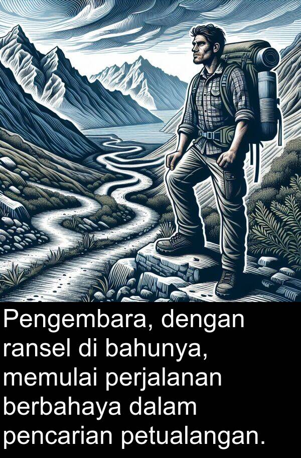 ransel: Pengembara, dengan ransel di bahunya, memulai perjalanan berbahaya dalam pencarian petualangan.