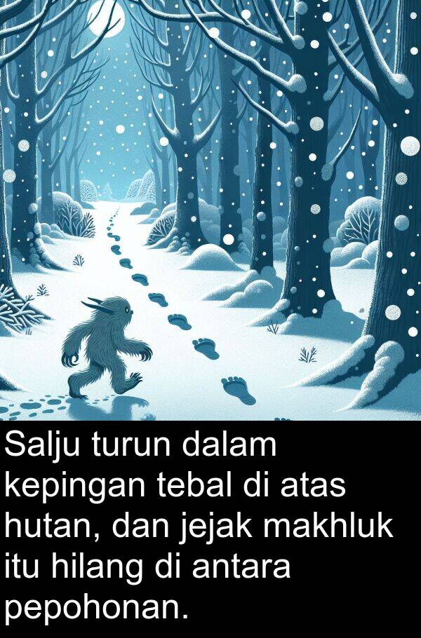 hilang: Salju turun dalam kepingan tebal di atas hutan, dan jejak makhluk itu hilang di antara pepohonan.