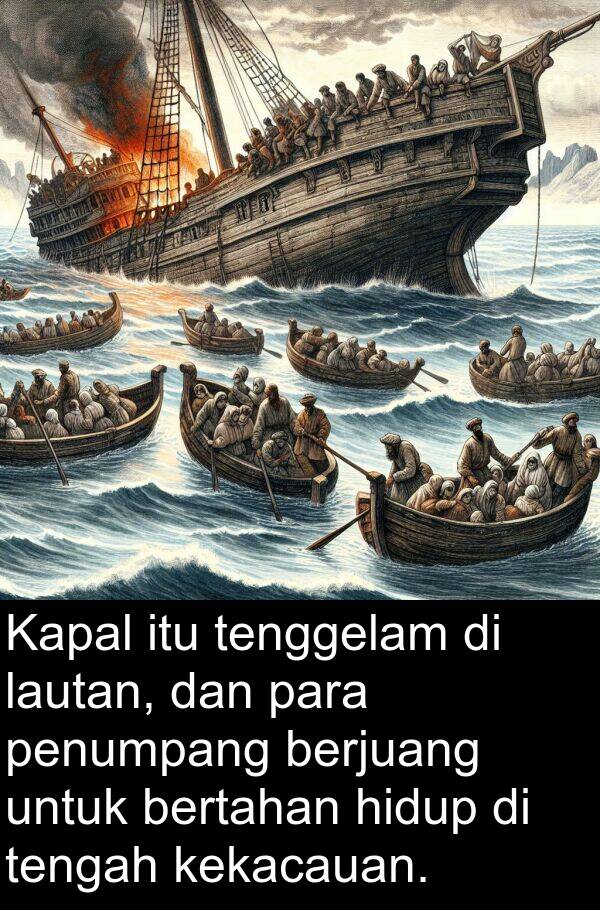 kekacauan: Kapal itu tenggelam di lautan, dan para penumpang berjuang untuk bertahan hidup di tengah kekacauan.