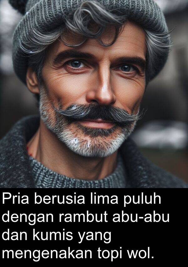 rambut: Pria berusia lima puluh dengan rambut abu-abu dan kumis yang mengenakan topi wol.