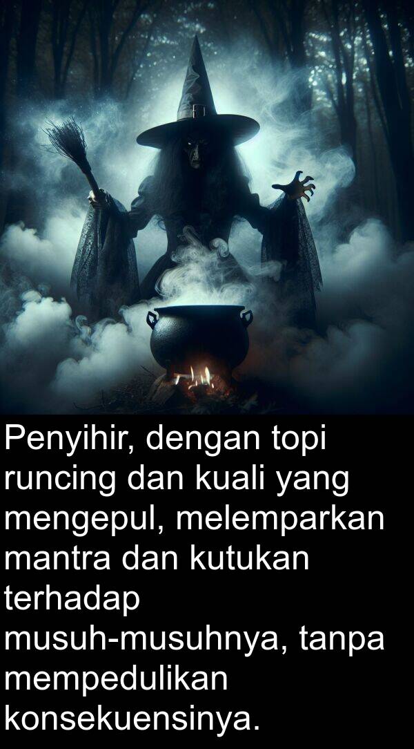 runcing: Penyihir, dengan topi runcing dan kuali yang mengepul, melemparkan mantra dan kutukan terhadap musuh-musuhnya, tanpa mempedulikan konsekuensinya.