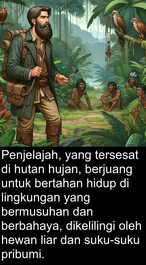 lingkungan: Penjelajah, yang tersesat di hutan hujan, berjuang untuk bertahan hidup di lingkungan yang bermusuhan dan berbahaya, dikelilingi oleh hewan liar dan suku-suku pribumi.