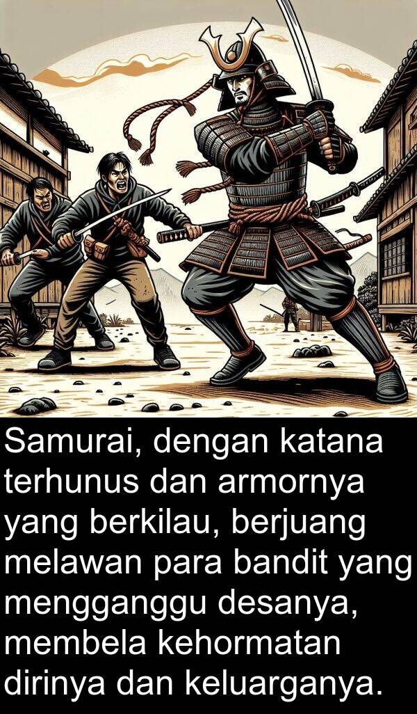 kehormatan: Samurai, dengan katana terhunus dan armornya yang berkilau, berjuang melawan para bandit yang mengganggu desanya, membela kehormatan dirinya dan keluarganya.