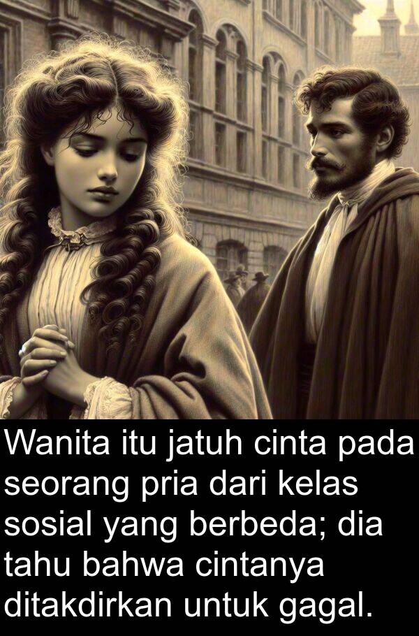 cinta: Wanita itu jatuh cinta pada seorang pria dari kelas sosial yang berbeda; dia tahu bahwa cintanya ditakdirkan untuk gagal.