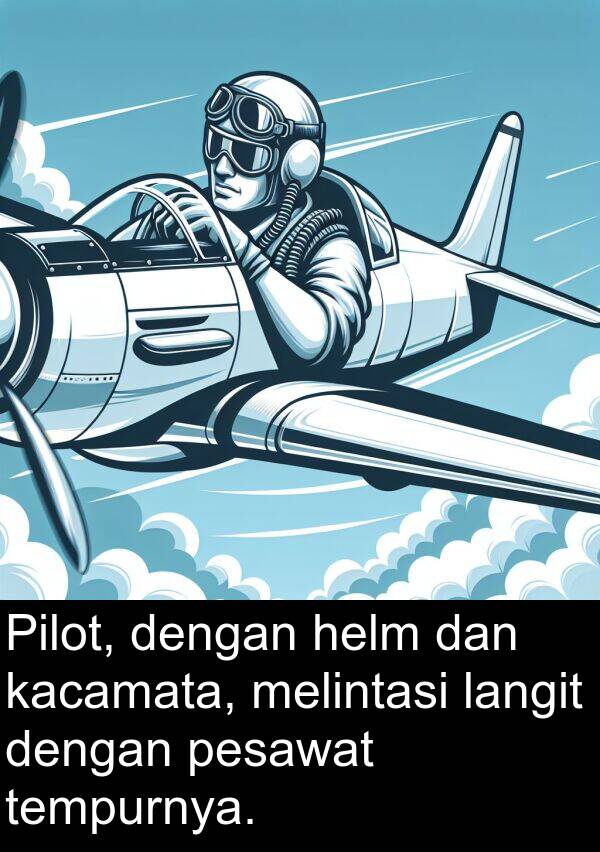 helm: Pilot, dengan helm dan kacamata, melintasi langit dengan pesawat tempurnya.