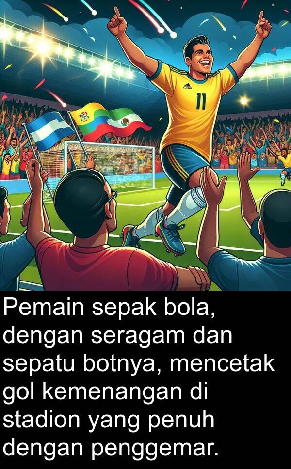 penggemar: Pemain sepak bola, dengan seragam dan sepatu botnya, mencetak gol kemenangan di stadion yang penuh dengan penggemar.