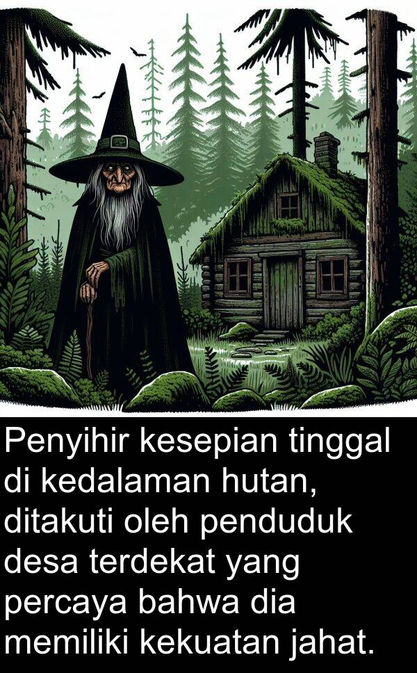 kekuatan: Penyihir kesepian tinggal di kedalaman hutan, ditakuti oleh penduduk desa terdekat yang percaya bahwa dia memiliki kekuatan jahat.