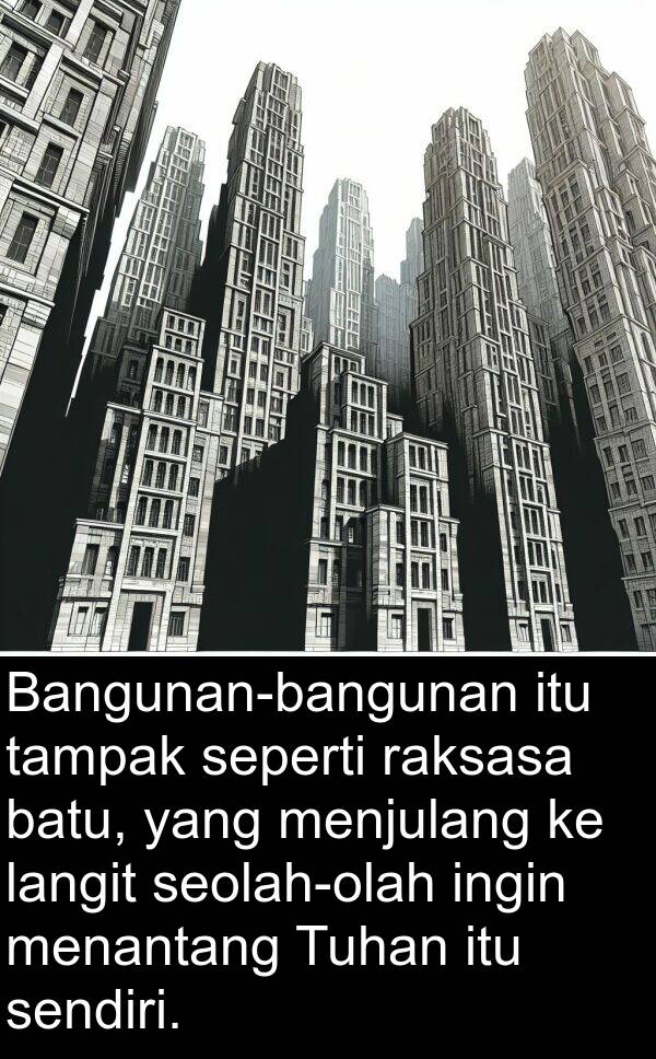 raksasa: Bangunan-bangunan itu tampak seperti raksasa batu, yang menjulang ke langit seolah-olah ingin menantang Tuhan itu sendiri.