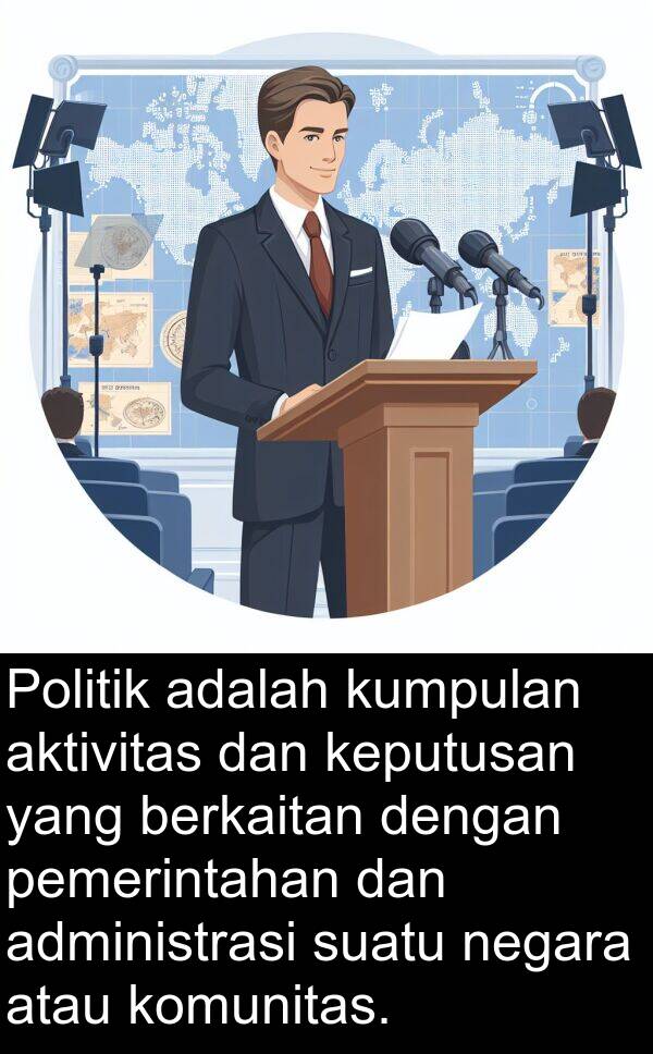 pemerintahan: Politik adalah kumpulan aktivitas dan keputusan yang berkaitan dengan pemerintahan dan administrasi suatu negara atau komunitas.