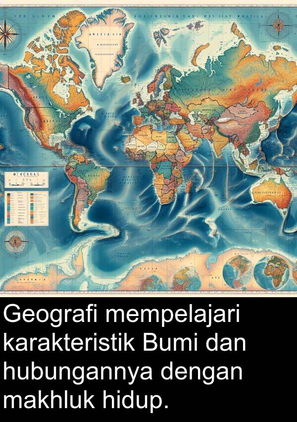 karakteristik: Geografi mempelajari karakteristik Bumi dan hubungannya dengan makhluk hidup.