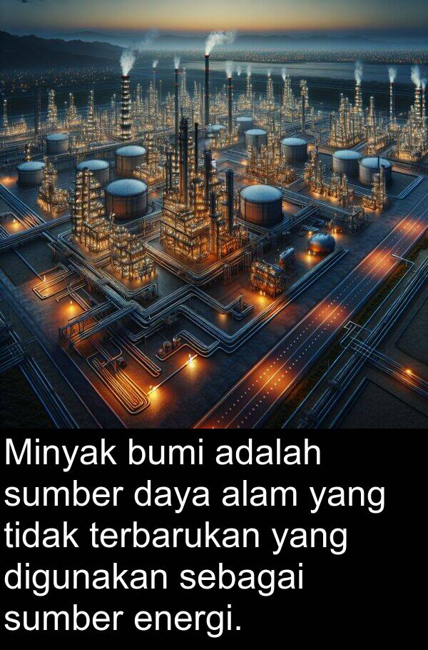 sebagai: Minyak bumi adalah sumber daya alam yang tidak terbarukan yang digunakan sebagai sumber energi.