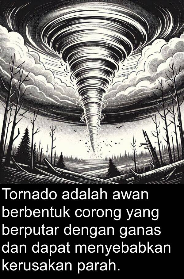 corong: Tornado adalah awan berbentuk corong yang berputar dengan ganas dan dapat menyebabkan kerusakan parah.