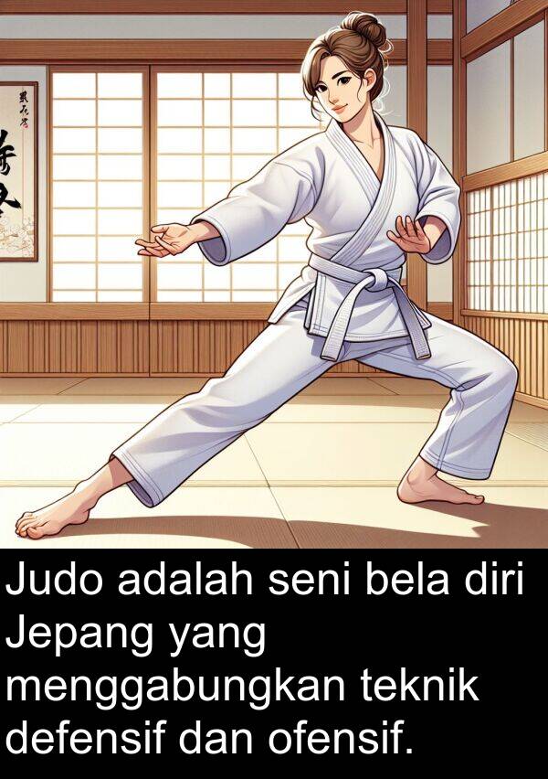 ofensif: Judo adalah seni bela diri Jepang yang menggabungkan teknik defensif dan ofensif.