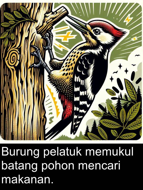 pelatuk: Burung pelatuk memukul batang pohon mencari makanan.