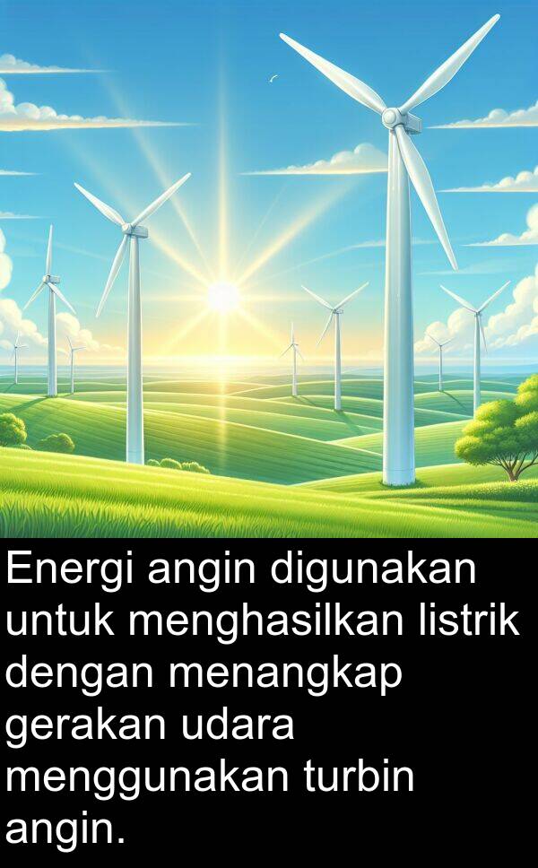 udara: Energi angin digunakan untuk menghasilkan listrik dengan menangkap gerakan udara menggunakan turbin angin.