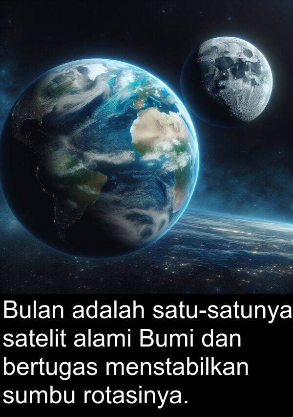 rotasinya: Bulan adalah satu-satunya satelit alami Bumi dan bertugas menstabilkan sumbu rotasinya.