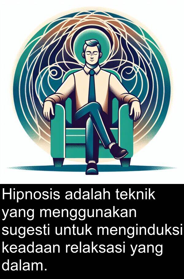 relaksasi: Hipnosis adalah teknik yang menggunakan sugesti untuk menginduksi keadaan relaksasi yang dalam.