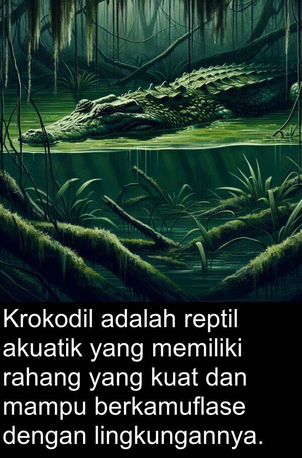 rahang: Krokodil adalah reptil akuatik yang memiliki rahang yang kuat dan mampu berkamuflase dengan lingkungannya.