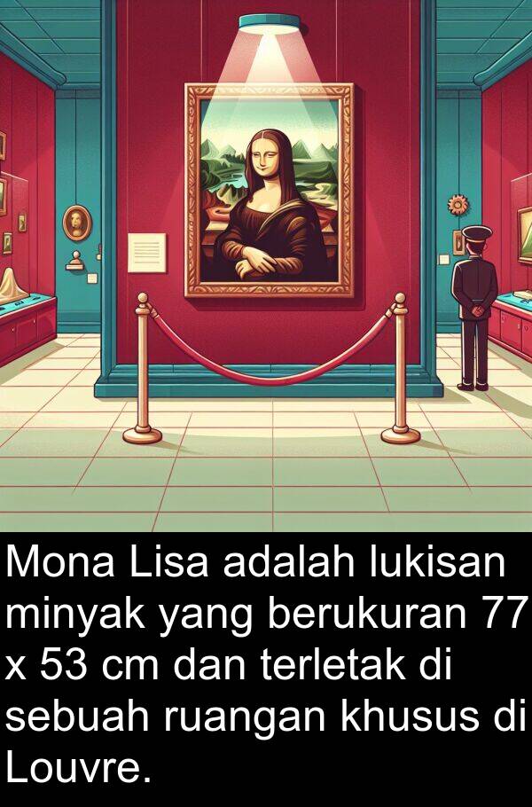 ruangan: Mona Lisa adalah lukisan minyak yang berukuran 77 x 53 cm dan terletak di sebuah ruangan khusus di Louvre.