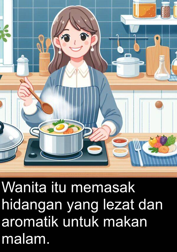 hidangan: Wanita itu memasak hidangan yang lezat dan aromatik untuk makan malam.