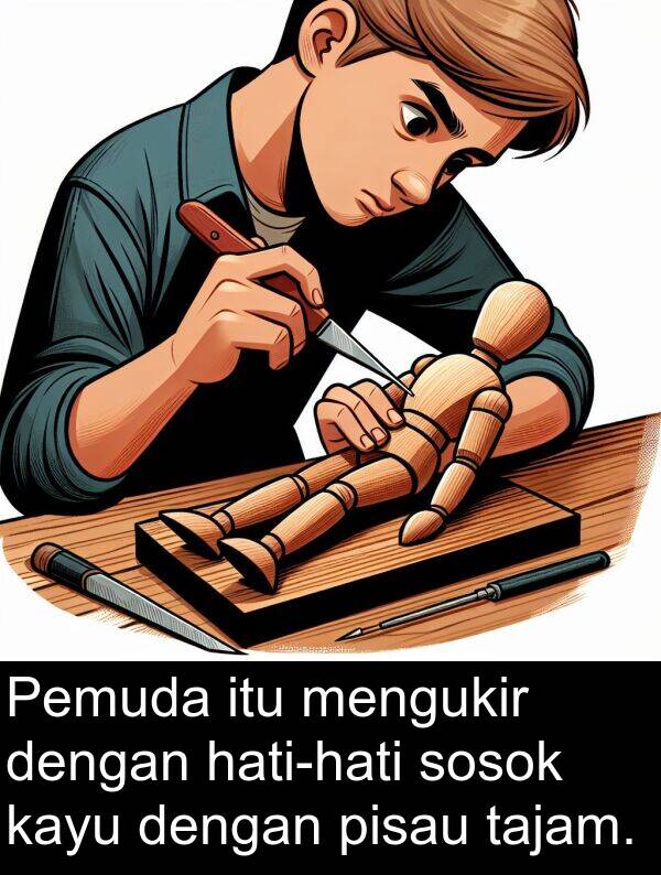 kayu: Pemuda itu mengukir dengan hati-hati sosok kayu dengan pisau tajam.