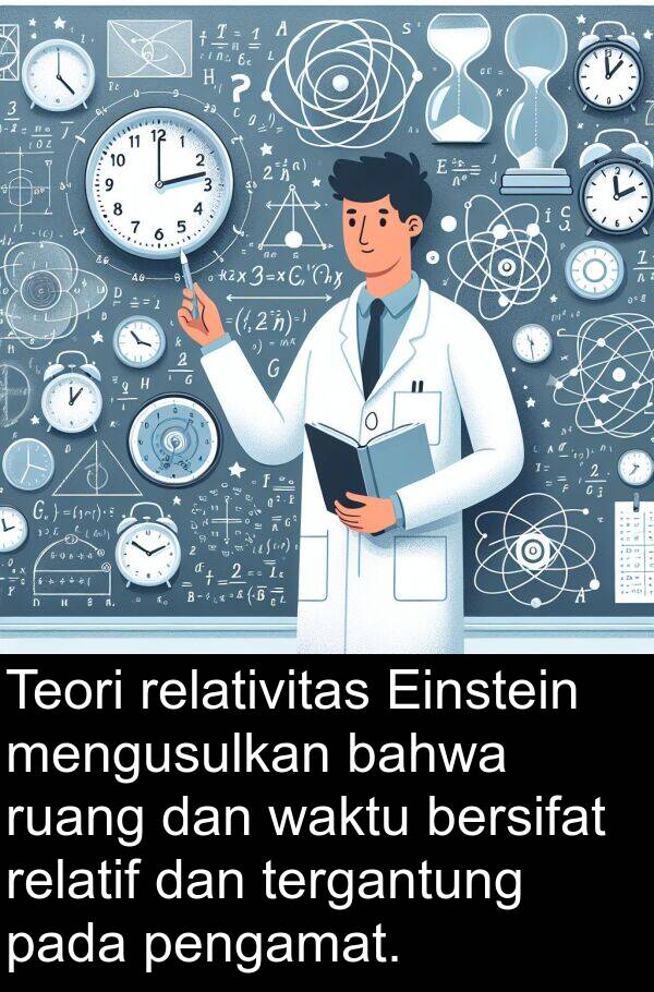 ruang: Teori relativitas Einstein mengusulkan bahwa ruang dan waktu bersifat relatif dan tergantung pada pengamat.