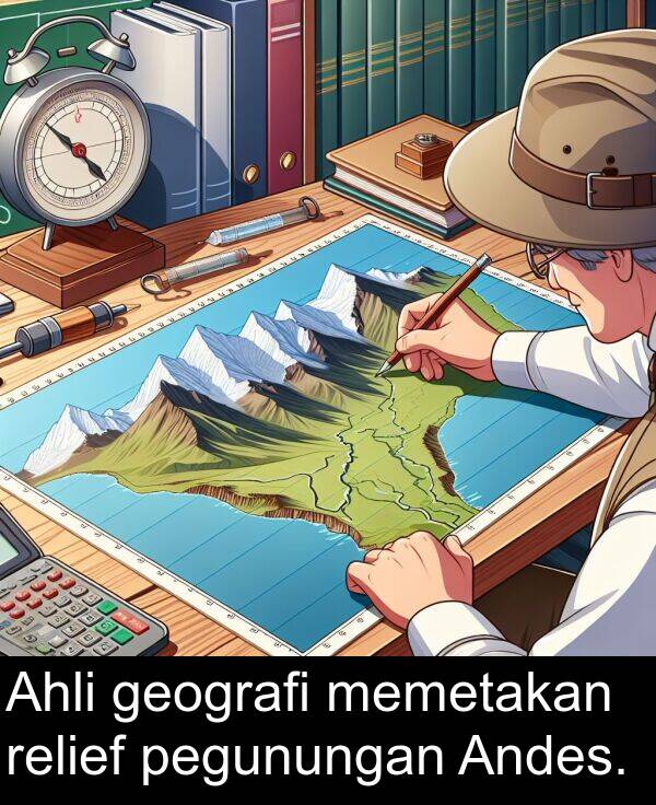 pegunungan: Ahli geografi memetakan relief pegunungan Andes.