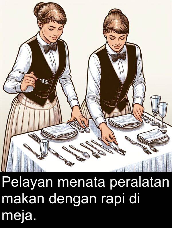 rapi: Pelayan menata peralatan makan dengan rapi di meja.