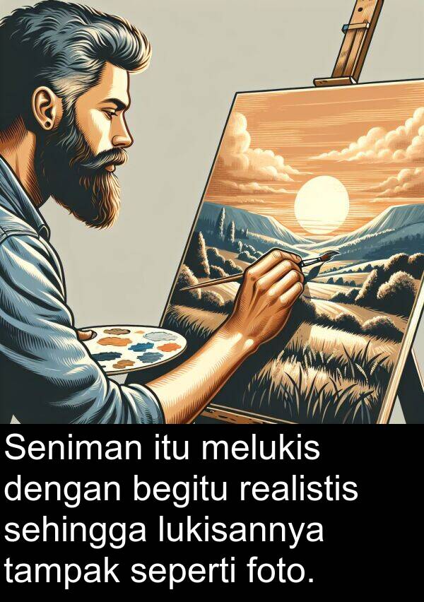 realistis: Seniman itu melukis dengan begitu realistis sehingga lukisannya tampak seperti foto.