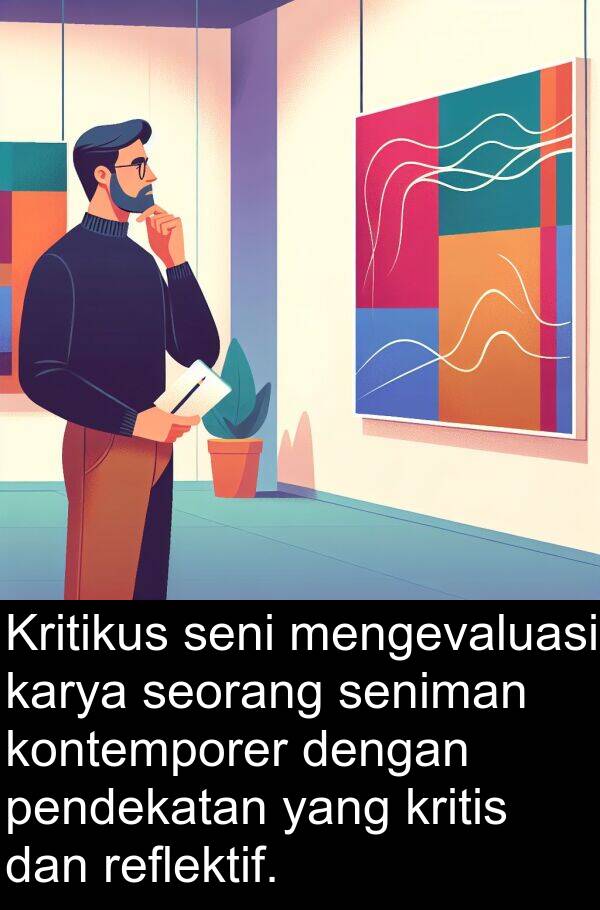 pendekatan: Kritikus seni mengevaluasi karya seorang seniman kontemporer dengan pendekatan yang kritis dan reflektif.