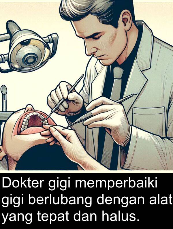 halus: Dokter gigi memperbaiki gigi berlubang dengan alat yang tepat dan halus.