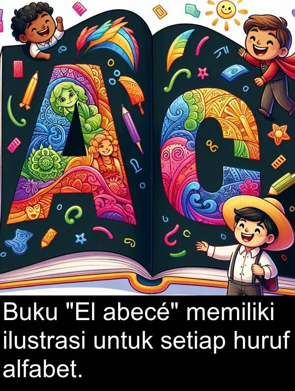 huruf: Buku "El abecé" memiliki ilustrasi untuk setiap huruf alfabet.