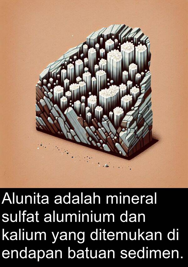 kalium: Alunita adalah mineral sulfat aluminium dan kalium yang ditemukan di endapan batuan sedimen.